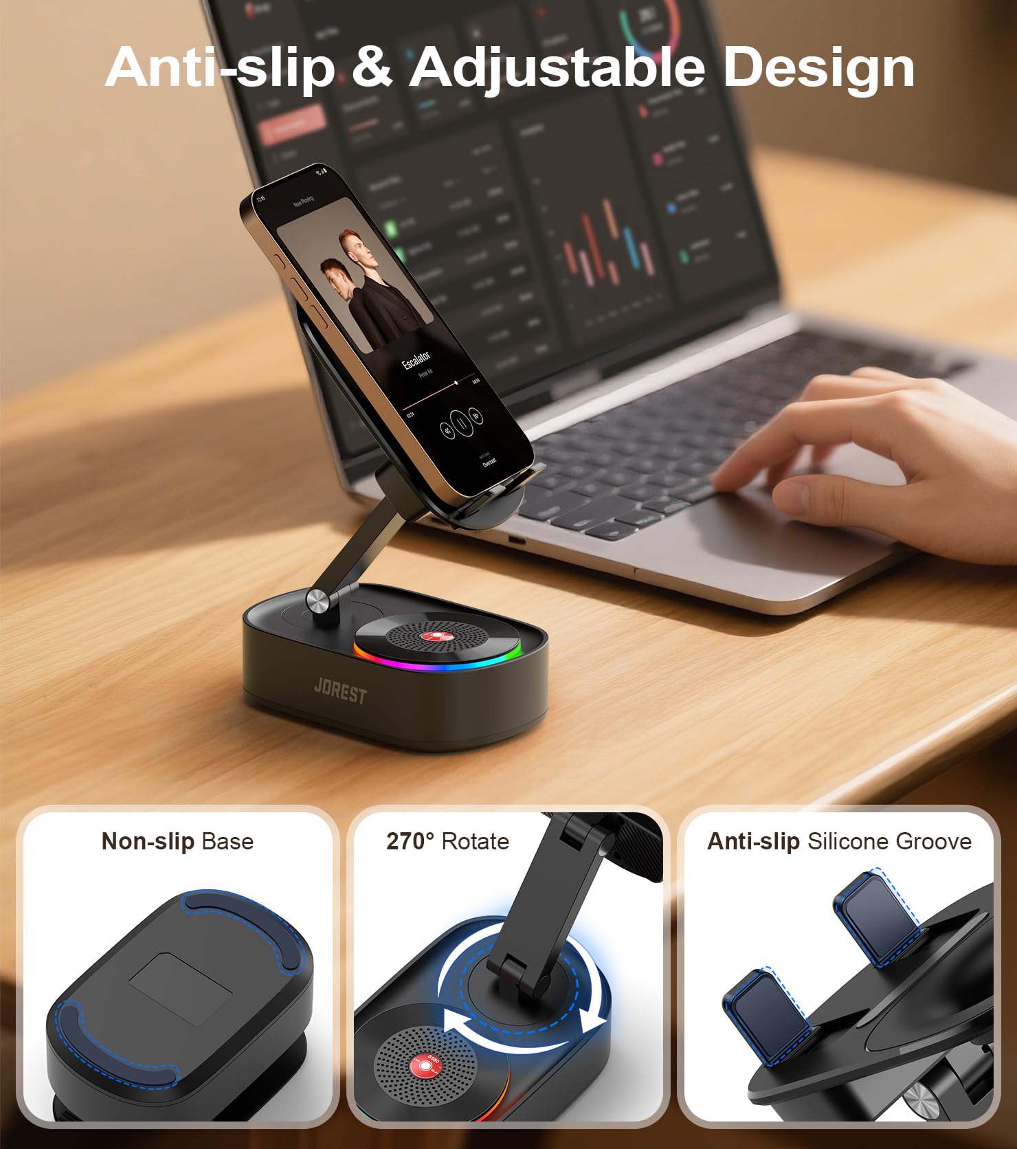 Jorest Enceintes Bluetooth avec Support Téléphone Mobile,Haut Parleur Induction avec Support Tablette,Compatible avec Iphone Ipad Tablet,Cadeau Anniversaire Homme,Cadeau Peres Maitresse Femme Maman