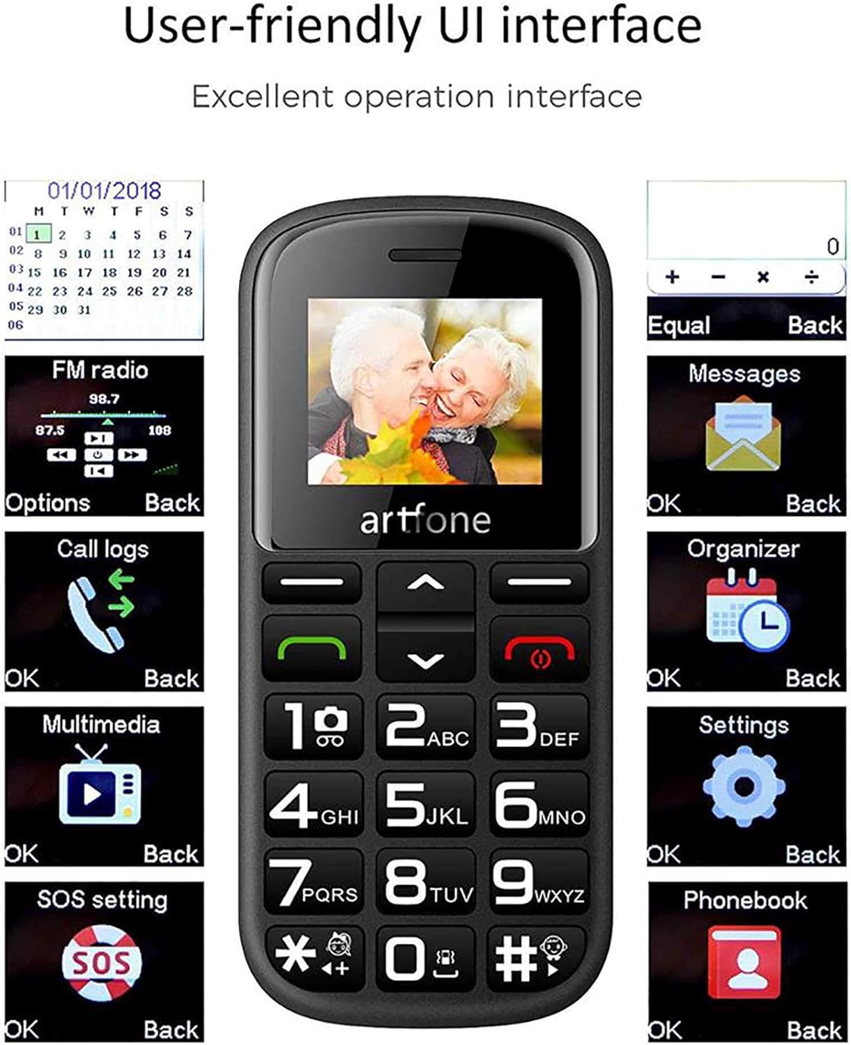Artfone CS182 screen displaying user-friendly UI menu options like FM radio, call logs, multimedia, SOS settings, messages, organizer, settings, and phonebook