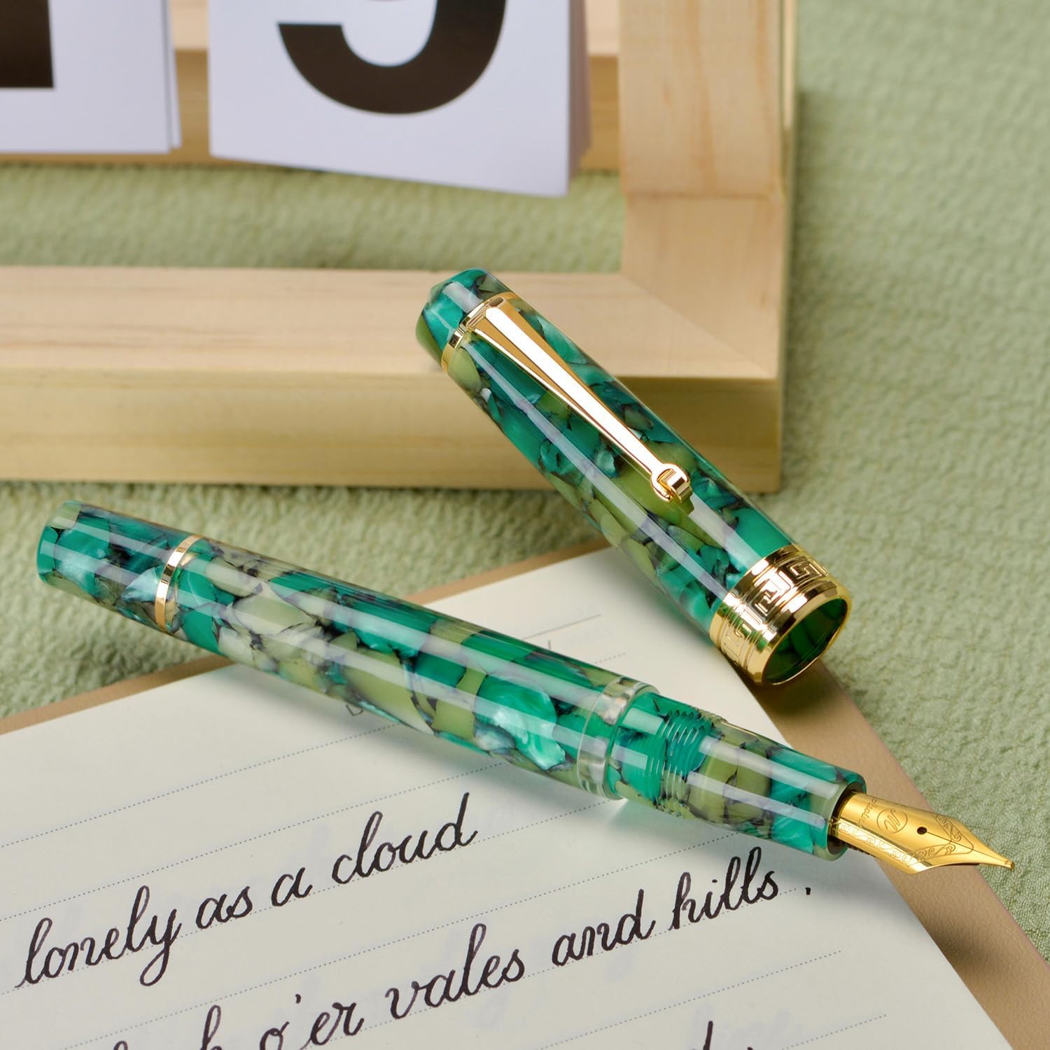 Asvine P20 Piston Fountain Pen Extra Fine Point, Green Marble Acrylic Gold Trim Smooth Writer Collection with Case Set