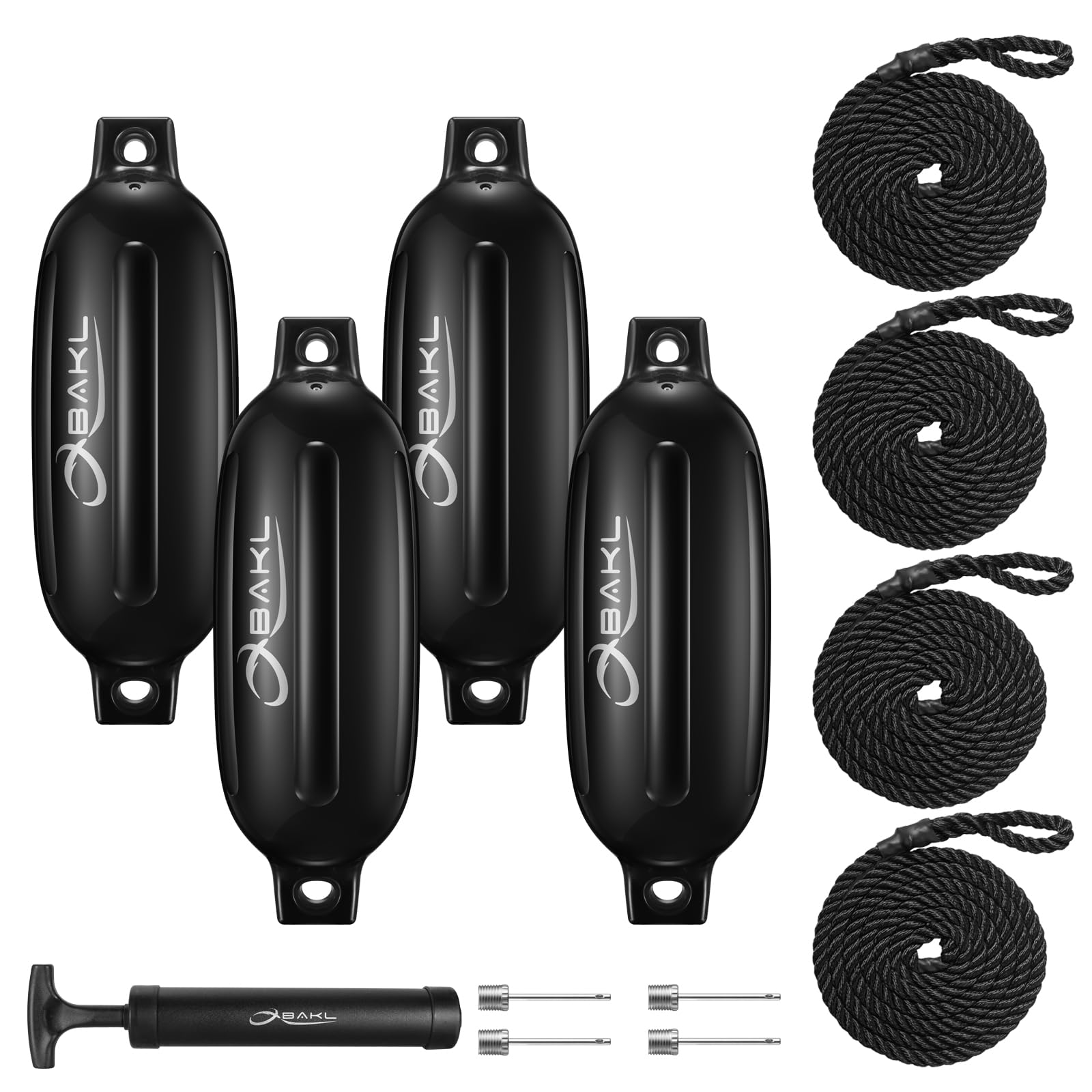 Boat Fenders 4 Pack 4.5 x 16 Inches Ribbed Twin Eyes Boat Fenders Bumpers for Docking, Comes with Ropes and Pump to Inflate