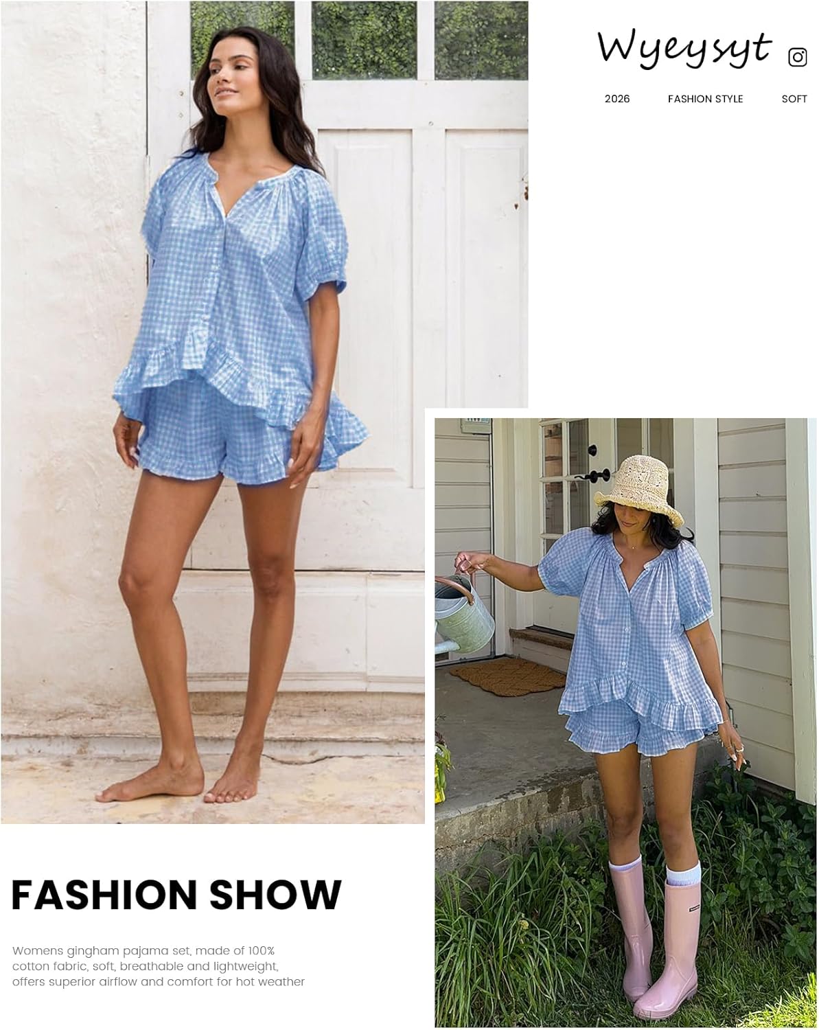 Wyeysyt Womens Gingham Pajamas Set 2 Piece Cotton Pj Sets Ruffle Babydoll Shirt and Plaid Shorts - Image 7