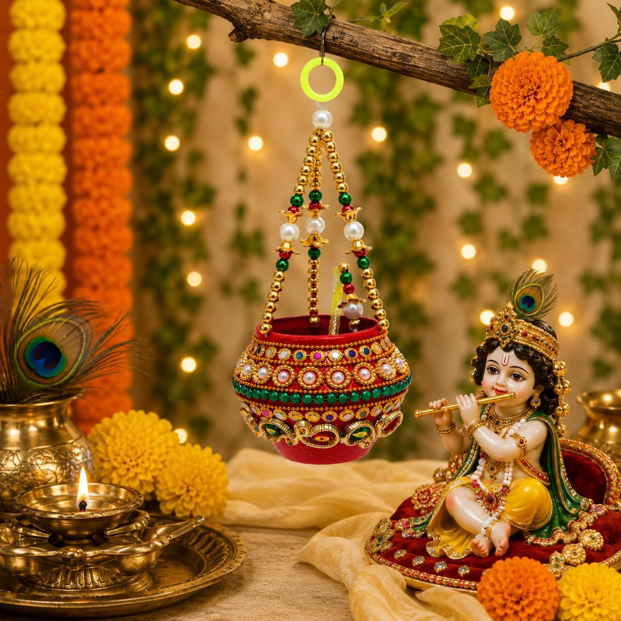 Laddu Gopal Kalash Dahi Handi Hanging Matki Pot Artificial Plastic Indian Traditional Handmade Krishna Matki Pearl Beads Bansuri Stone Work Hanging Pooja Home Decor Janmashtami Festival (Size:-6"X2")