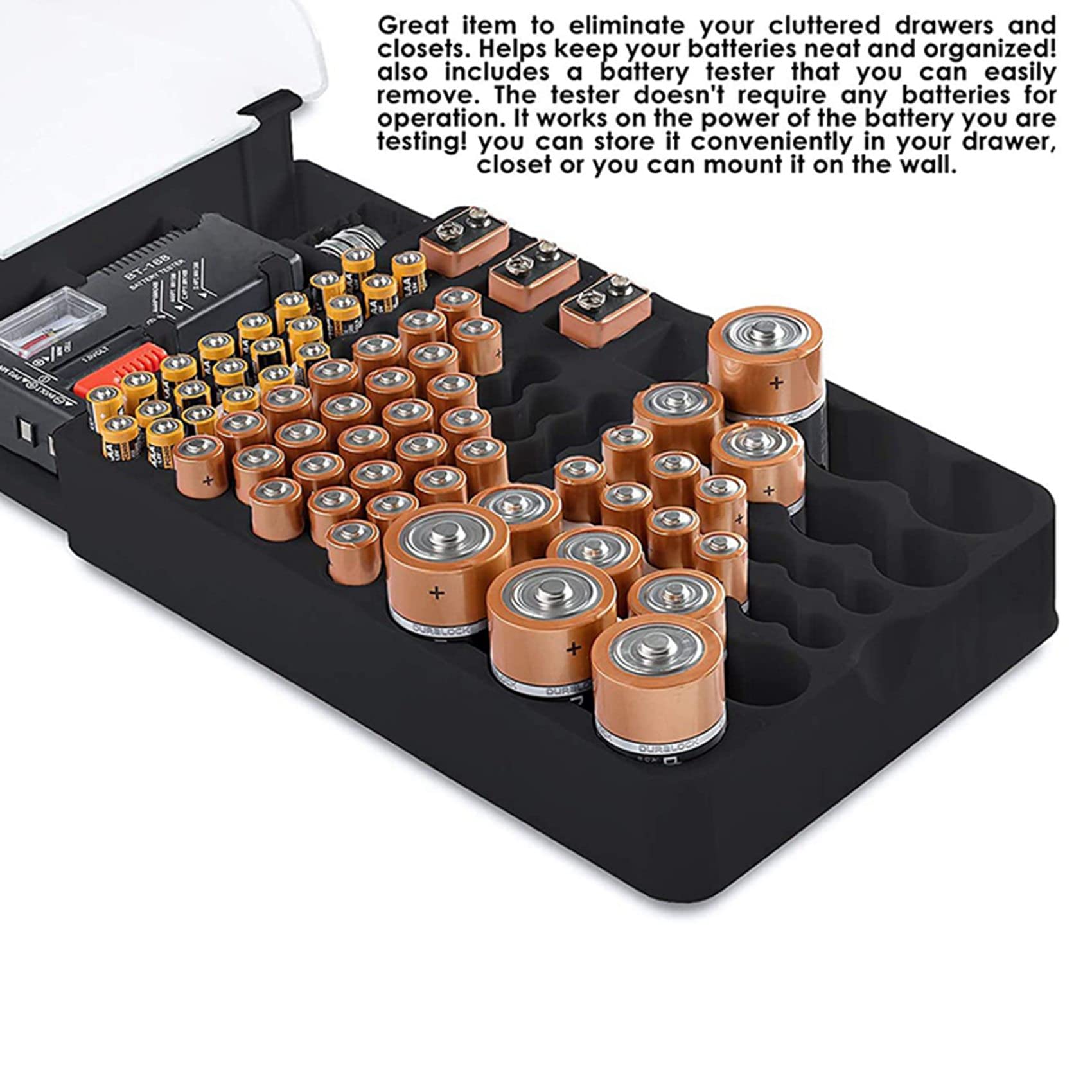 2X Le Boîtier de Rangement de la Batterie, Organisateur avec Couvercle Transparent à Charnière, avec Testeur de Batterie, Contient 93 Batteries de Différentes Tailles, Noir