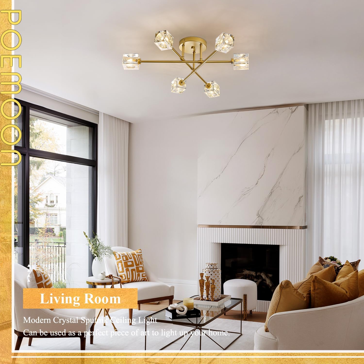 Modern Crystal Semi Flush Mount Ceiling Light Gold Sputnik Chandeliers 6 Lights Industrial 26" Chandelier for Foyer Entryway Kitchen Bedroom Living Room Dining Room