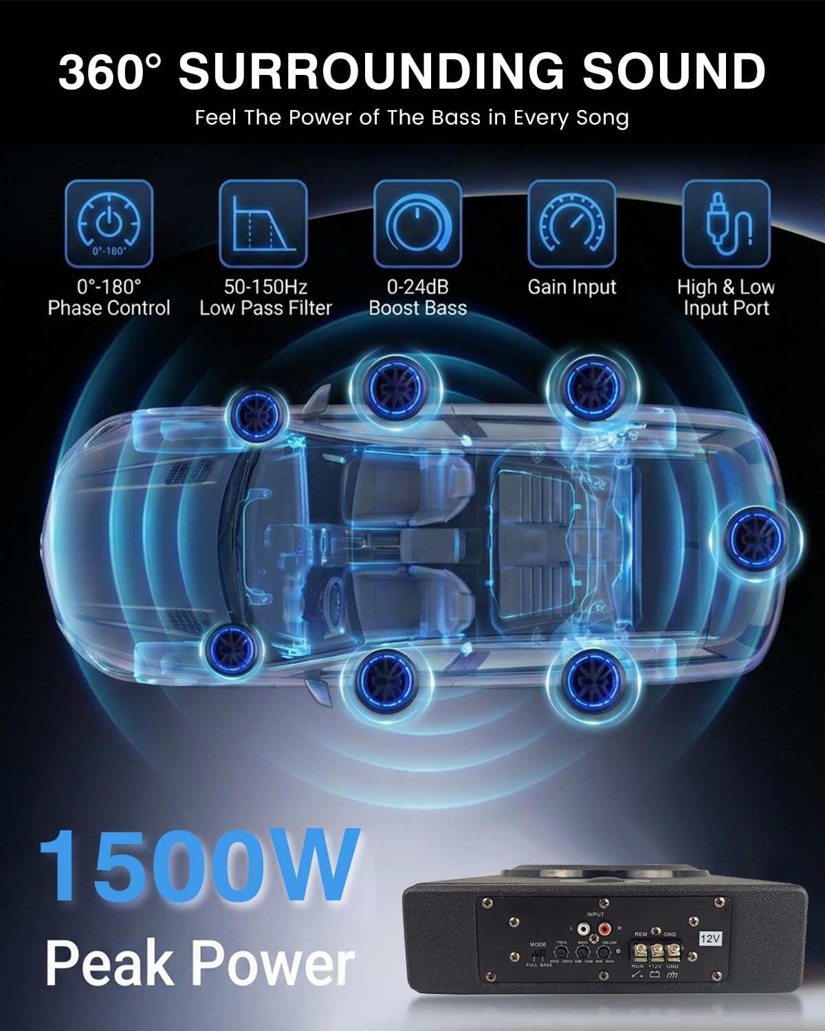 Subwoofer Attivo per Auto, Potenza Massima 1500W, Subwoofer Compatto da Installare Sotto il Sedile, Amplificatore Integrato, Subwoofer Chiuso, Nero, Compatibile con Diversi Modelli di Auto