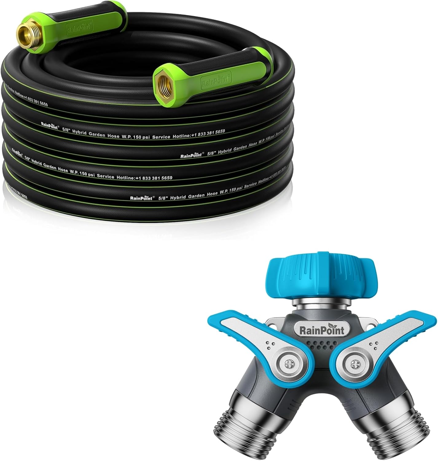 RAINPOINT Garden Hose Splitter 2 Way Heavy Duty & 25ft Garden Hose, 5/8", Male to Female
