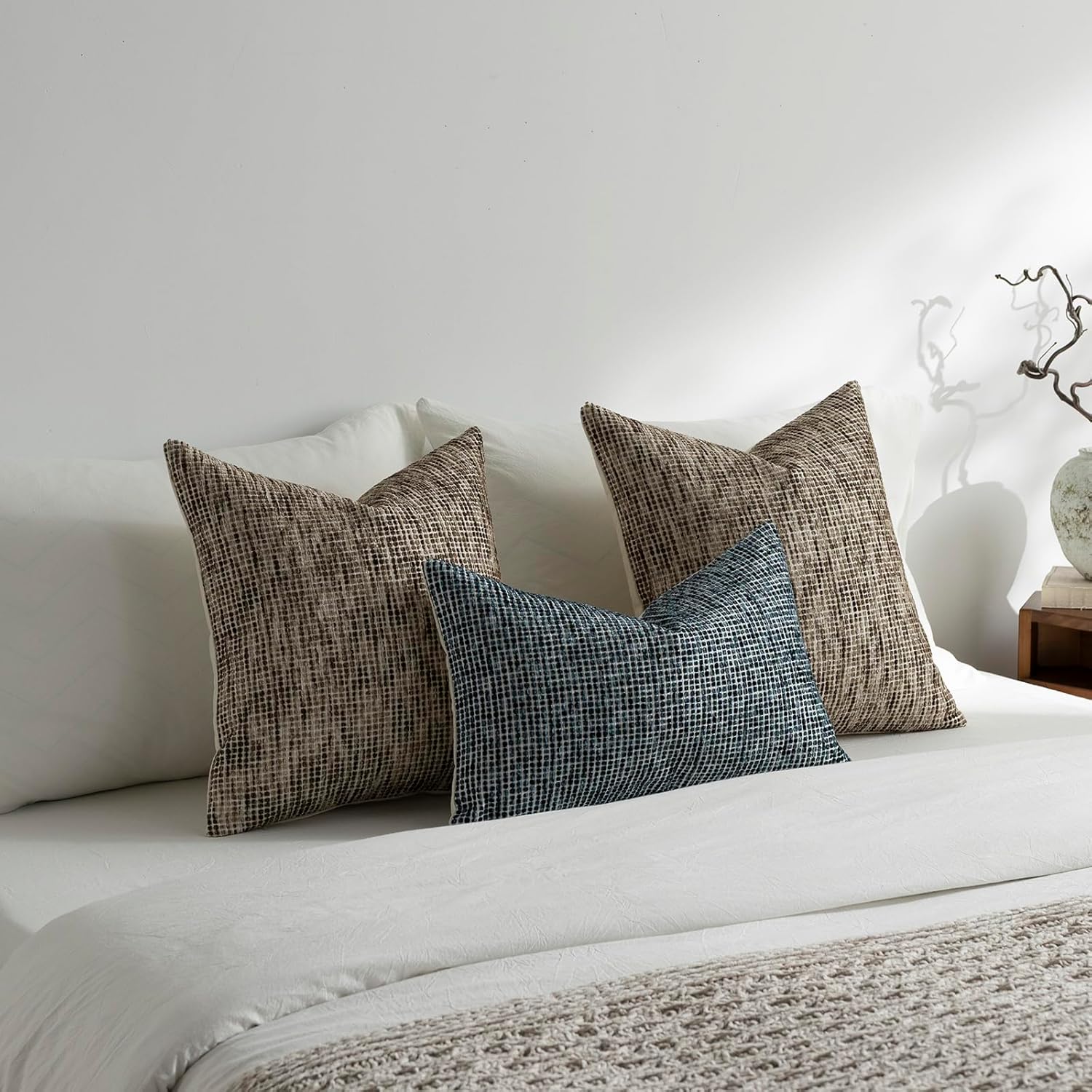 Pack of 2 Neutral Throw Pillow Covers 20x20 Boho Textured Dots Stripe Chenille Square Decorative Pillow Cases Accents for Living Room Couch Bed Farmhouse Home Decor, Chocolate Brwon