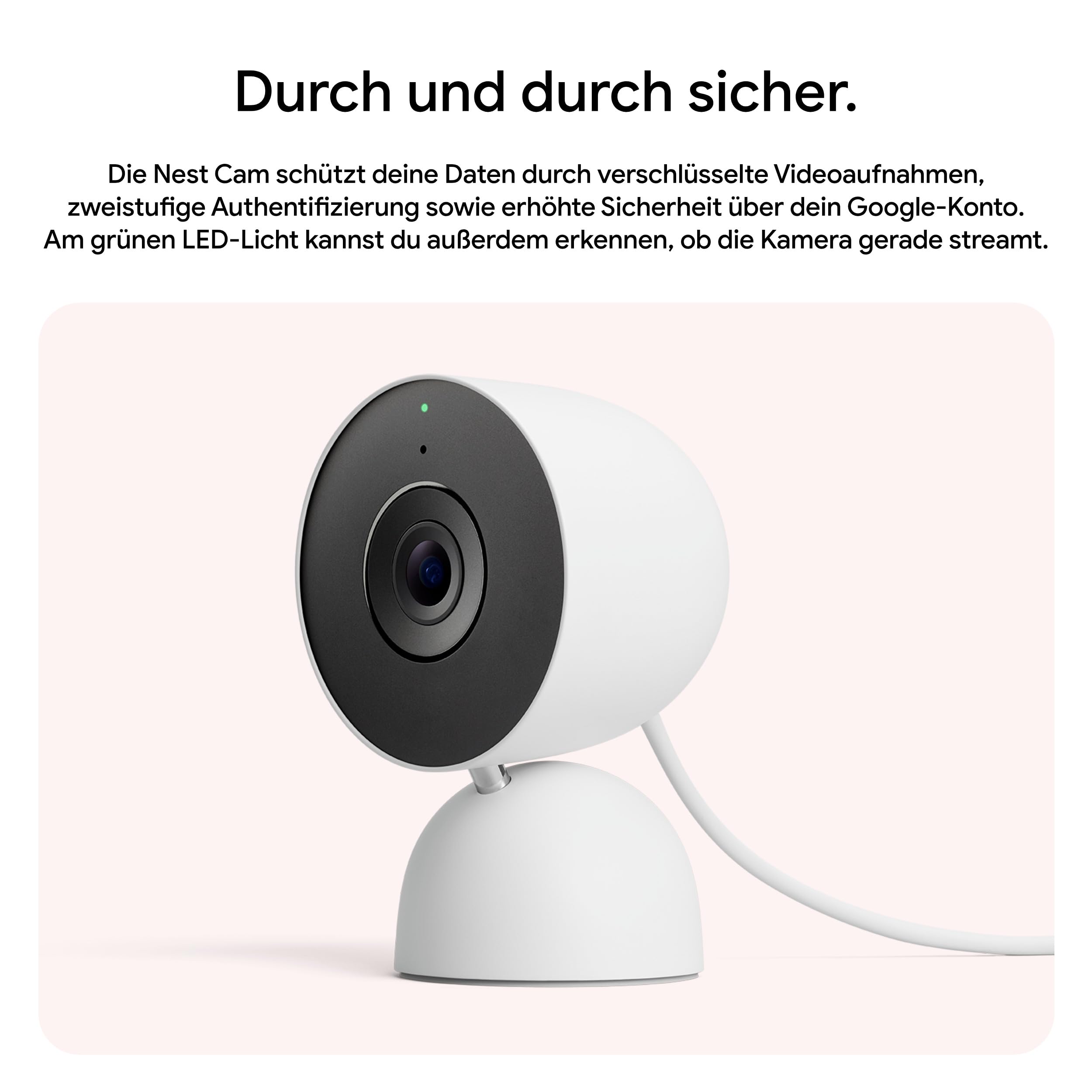 Google Nest Cam Indoor (mit Kabel, 3. Generation) – Sicherheitskamera für den Innenbereich mit 2K-Video – Funktioniert mit Google Home – Snow