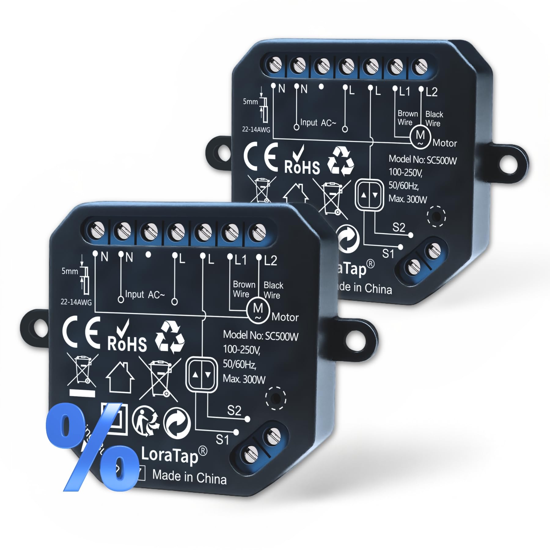 LoraTap WLAN Rollladenschalter-Modul 2er Set: 0–100% Öffnung per App