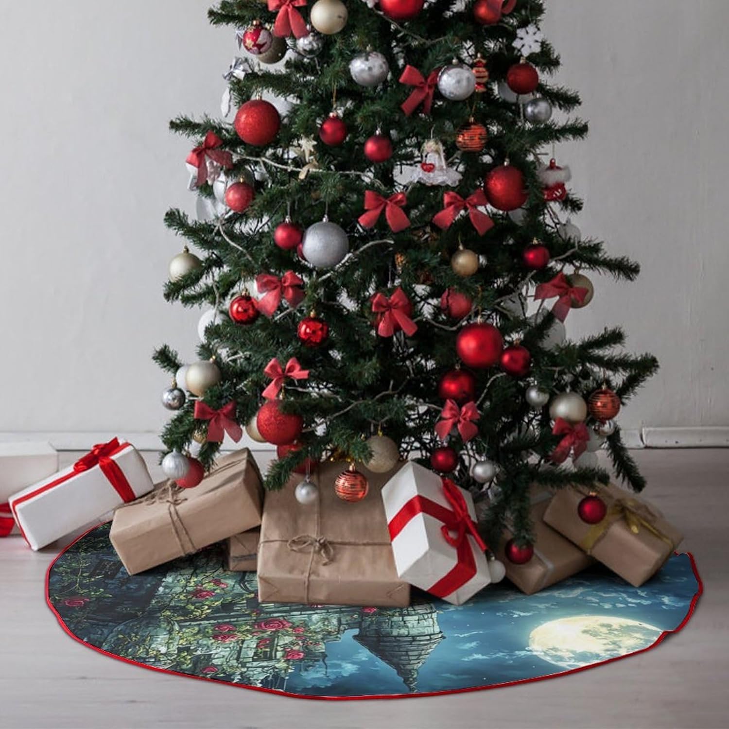 Romantic Gothic Skeleton Lovers Castle Christmas Tree Skirt Ornaments Christmas Tree Mat for Home Party Holiday Decorations