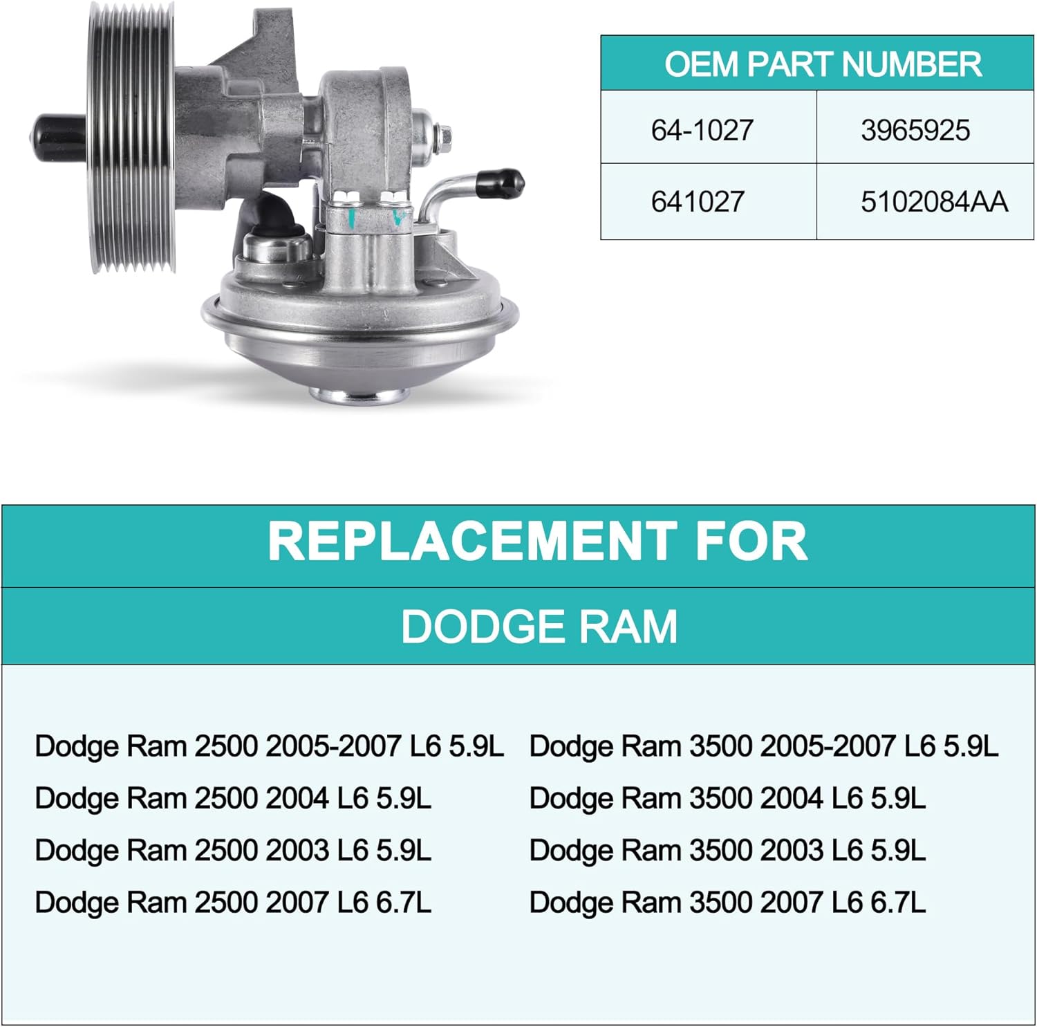 Brake Vacuum Pump 5102084AA 3965925 64-1027 Compatible with 2003-2007 Dodge Ram 2500 3500 5.9L 6.7L Cummins Engine