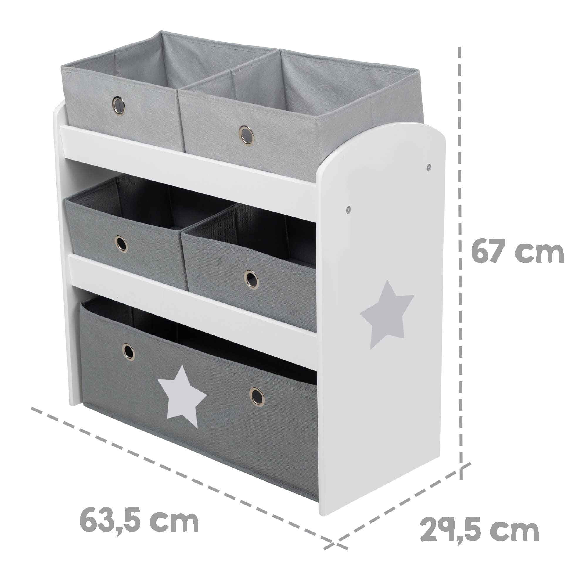 roba Scaffalatura Portaoggetti Stars 5 Scatole Tessuto Grigio 64x30x60 cm Legno Laccato Bianco