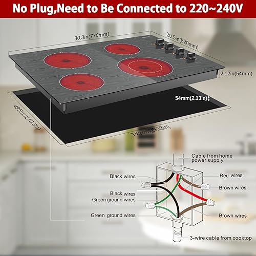 Miniatura 6 de Karinear Estufa eléctrica de 30 pulgadas, 4 quemadores, control de perilla, estufa eléctrica de vidrio con hermoso patrón de madera, placa de