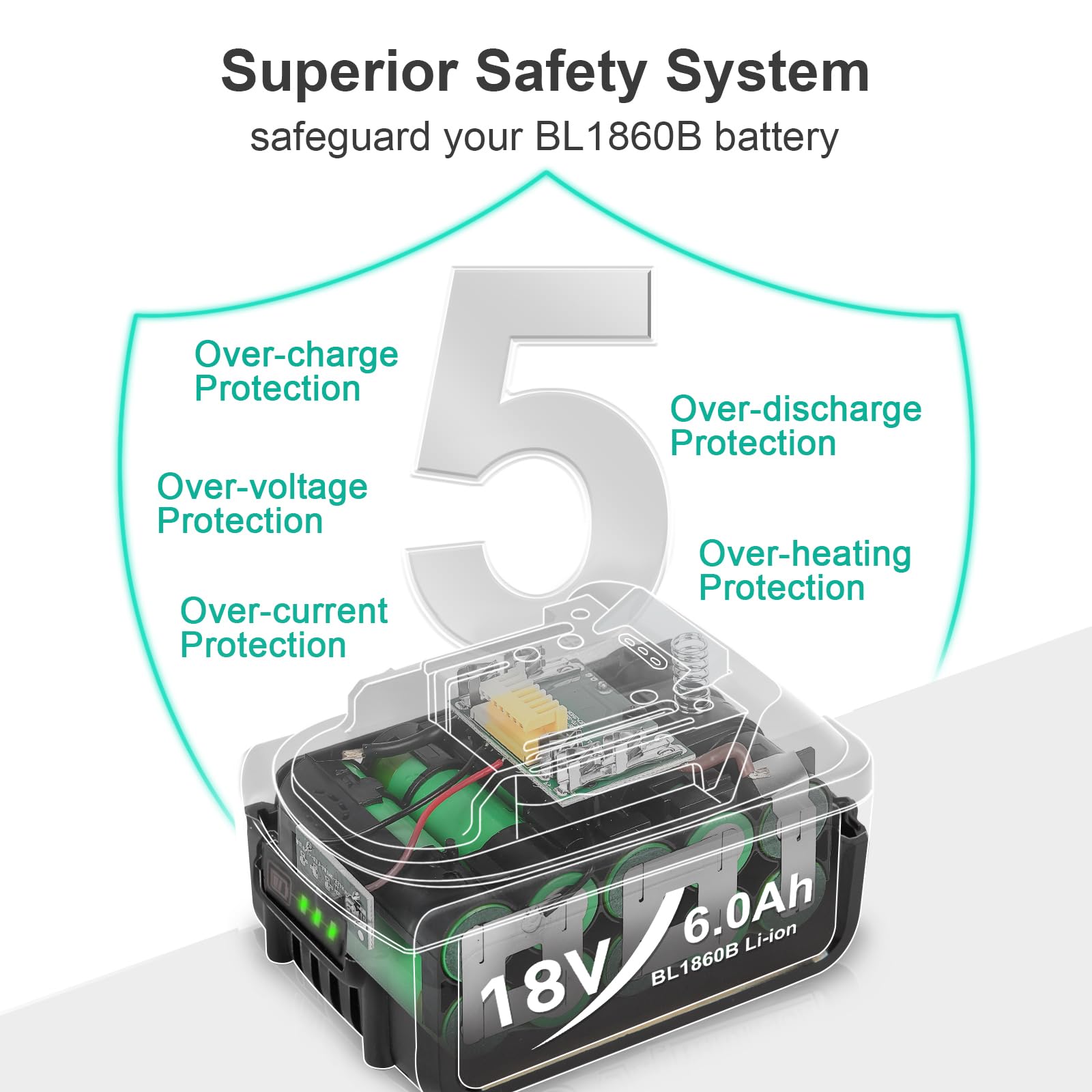 Ricambio aggiornato da 6,0 Ah per batteria Makita 18 V, confezione da 2 con caricabatterie, compatibile con utensili elettrici Makita da 18 V, nero