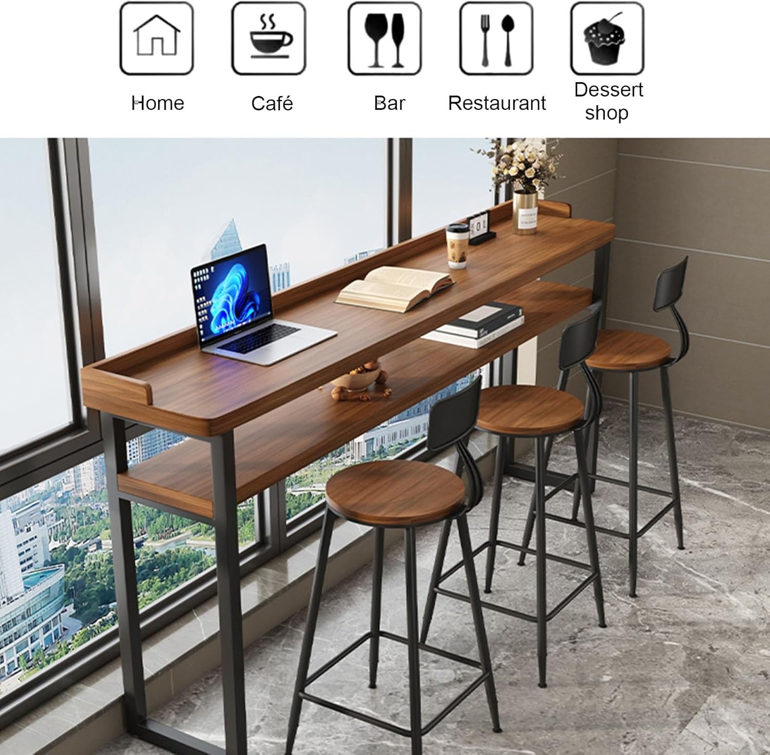 Industrial Bar Table - Rectangular Live Edge Counter Height Pub Table for Home, Balcony, Restaurant & Bar, Long Wall Table (78.7"x15.8"x41.3") - Stylish & Durable