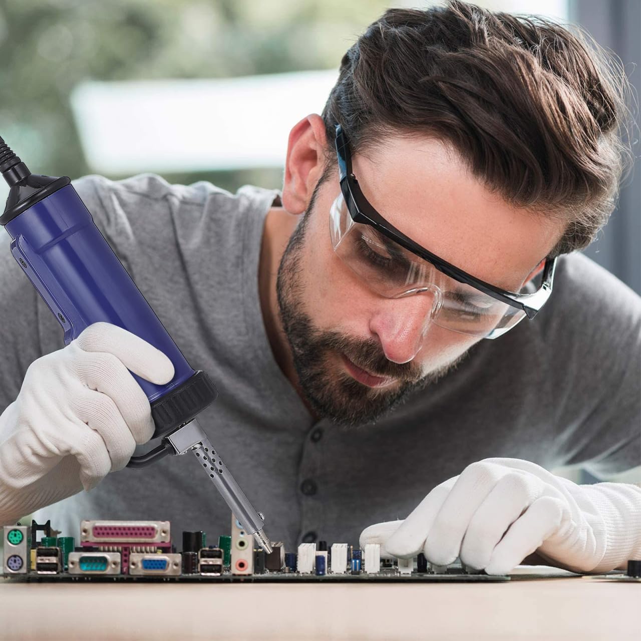 Hemobllo Elektrische Entlötpumpe Entlötkolben, 220V Lötsauger Vakuum Entlötpistole mit 3 Düsen & Reinigungsnadel, Automatische Einhand Lötpumpe für PCB Elektronik Reparatur (EU Plug)