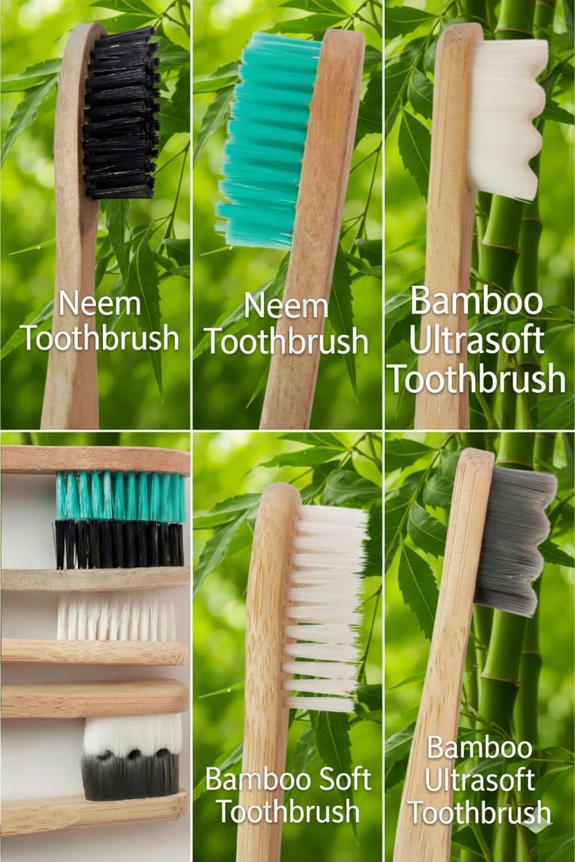 Natural Neem & Bamboo Toothbrush Charcoal Infused Pack of 5 with Free Tongue Scraper |1000+ Ultra-Soft Charcoal Infused BPA-Free Bristles for Sensitive Teeth & Natural Whitening | 2 Neem & 3 Bamboo