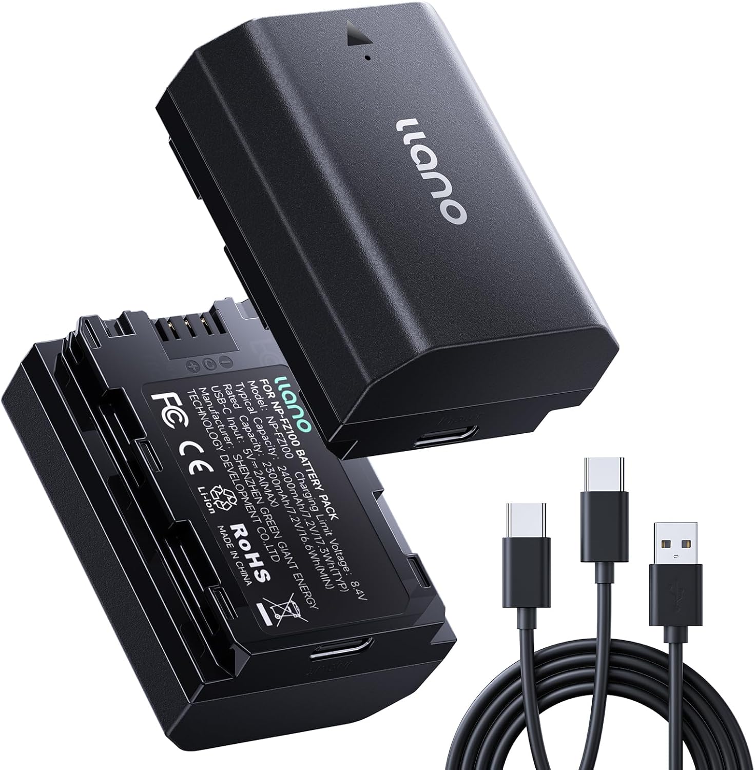 llano 2-Pack NP-FZ100 Battery with USB-C Fast Charging for Sony A7III A7IV A6700 FX3 FX30 A9 A7C A7CII A7RV A7RIII ZV-E1 ZV-E10II - Fully decoded, Real 2400mAh Capacity, Z Batteries Replacement