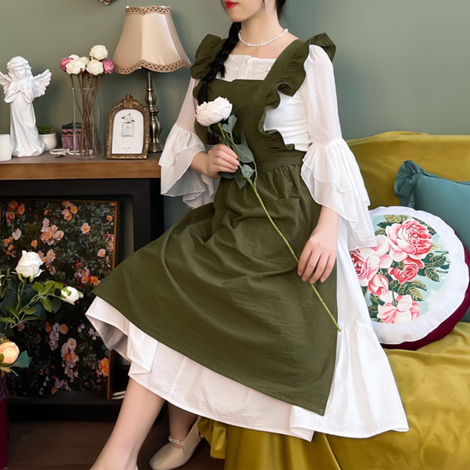 Delantal Cocina Mujer Estilo Francés Algodón Ajustable Bonito Delantal Vestido, con Bolsillos, Ideal para Hornear, Pintar, Limpiar,One Size,B