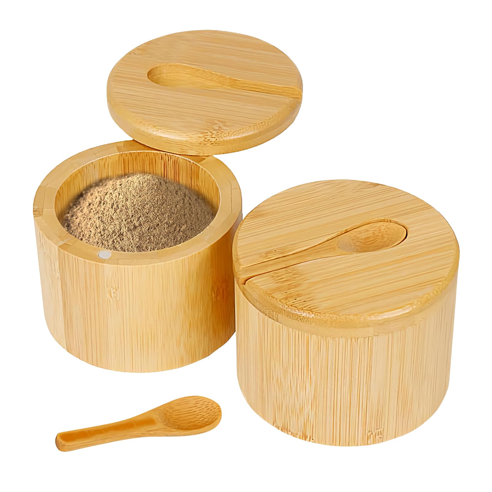 Bodega de sal de madera con 2 cuencos para condimentos, tapas magnéticas y cucharas para cocina