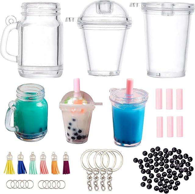 OLYCRAFT 204pcs Mini Milky Tea Keychain Accessories Bubble Tea Epoxy Resin Casting Kit Mini Cup Pendant Charms with Keychain Rings Tassels Bubbles Straws for Key Chian DIY and Earring Making