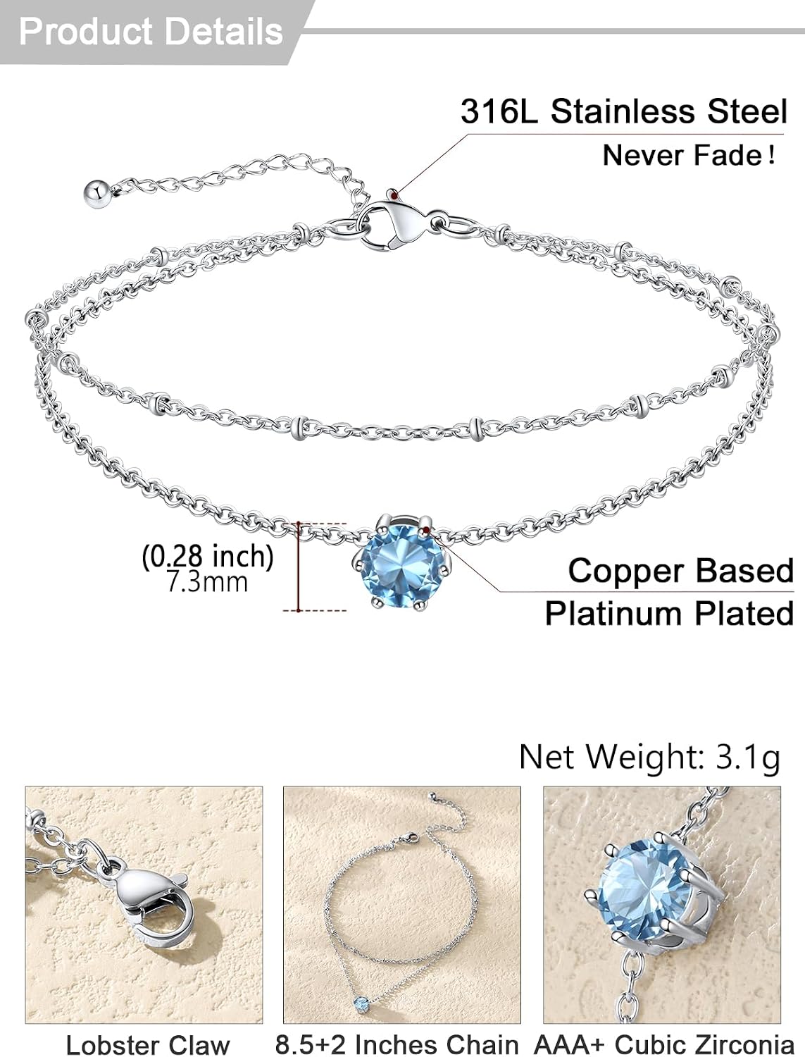 U7 Silver Ankle Bracelet for Women, Waterproof Layered Ankle Round Gem Birthstone Anklets, Summer Beach Foot Jewelry, Adjustable 8.5"-10.5"