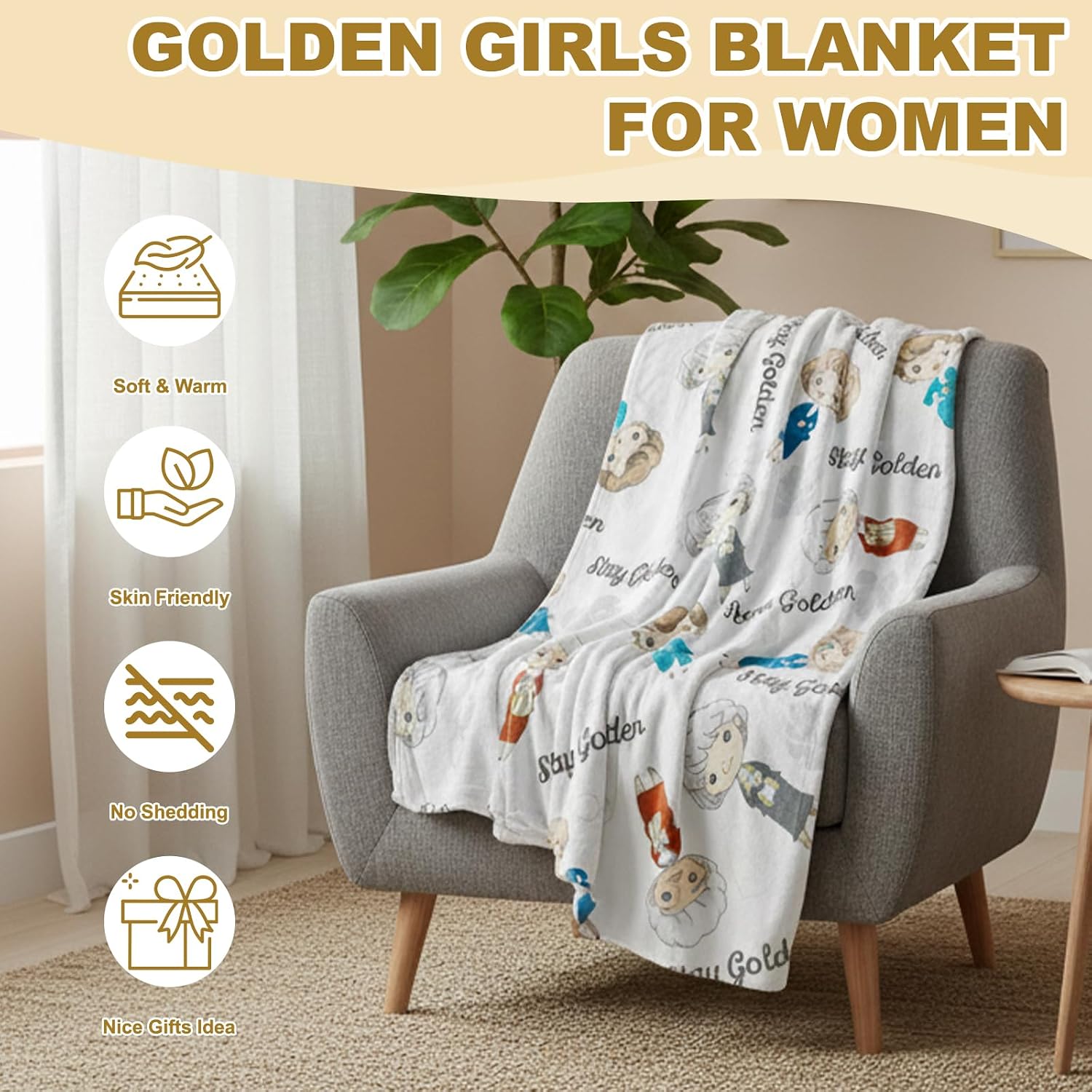 Golden Girls Blanket - Stay Golden Flannel Throw with Rose, Sophia, Blanche & Dorothy | 60''x50'' Cozy Fleece Merchandise for Fans | Soft Birthday Gifts for Women & Close Friends | Classic White