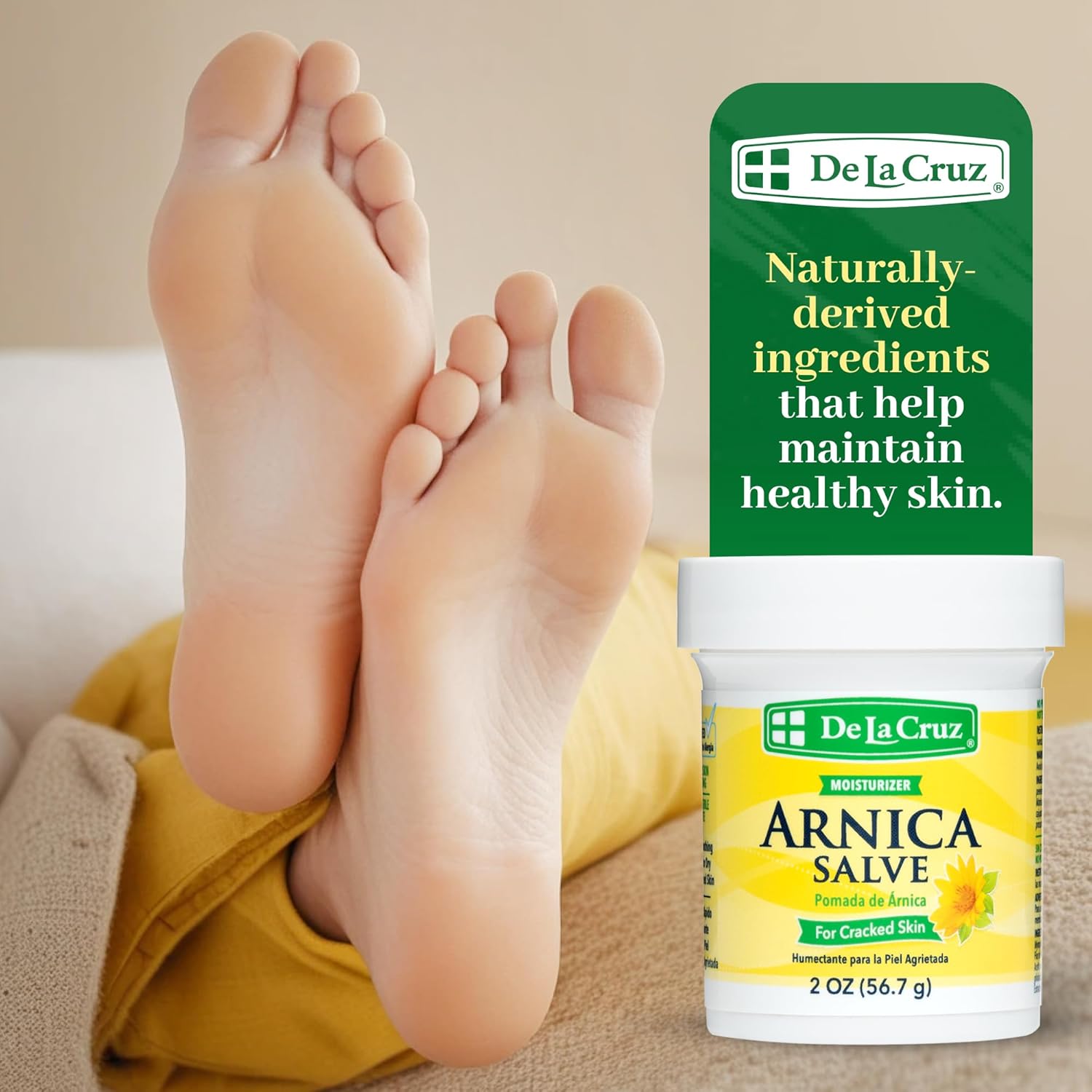 De La Cruz Arnica Salve Foot Care Cream for Dry Cracked Heels & Feet, Skin Care, Hand Salve, 24 Hour Moisture Balm - 2 OZ (6 Pack)