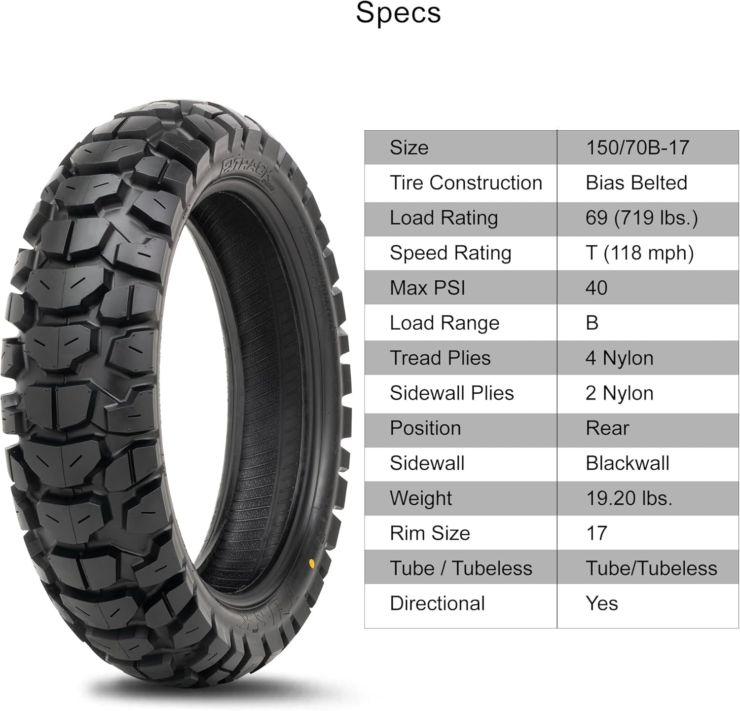 Tusk 2Track Adventure Tire specifications table