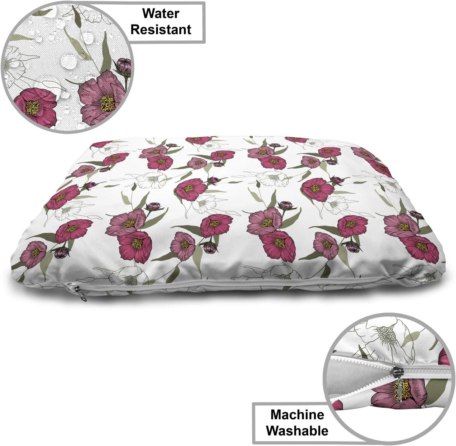 review Lunarable Floral Pet Bed, Vintage Style Print of Poppy Flowers and Buds on a Plain Backdrop, Chew Resistant Pad for Dogs and Cats Cushion with Removable Cover, 24