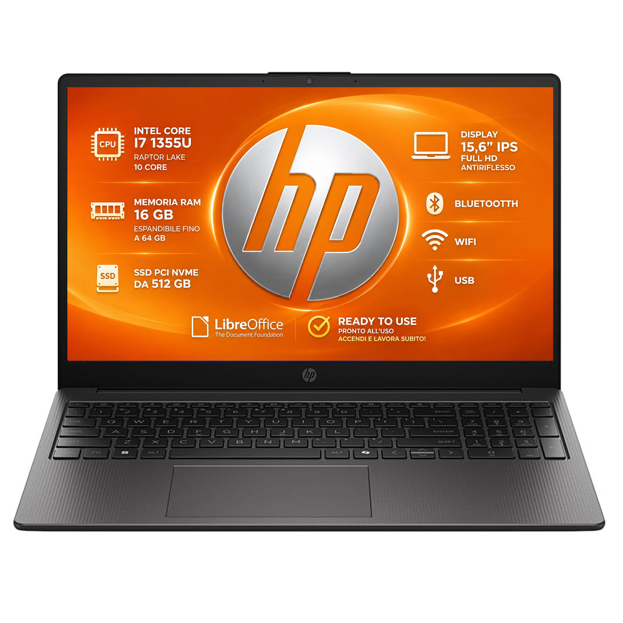 HP 250 G10 PC Portatile Intel Core i7 Display 15.6" IPS FHD antiriflesso | RAM 16Gb, SSD Pci 512Gb, Wi-Fi 6, BT, WebCam, HDMI, Pronto all'Uso, include alimentatore e libre Office