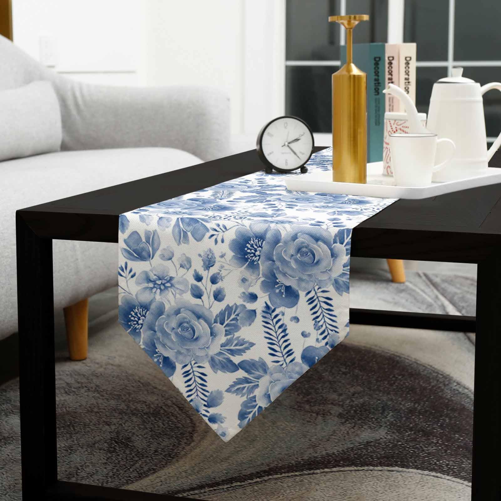 Bawełniany lniany bieżnik na stół kwiatowy niebieski i biały porcelanowy komoda szaliki eleganckie kwiatowe dekoracyjne bieżniki na świąteczne spotkania, kolację, imprezy na zewnątrz lub wewnątrz, można prać w pralce, 33 x 229 cm