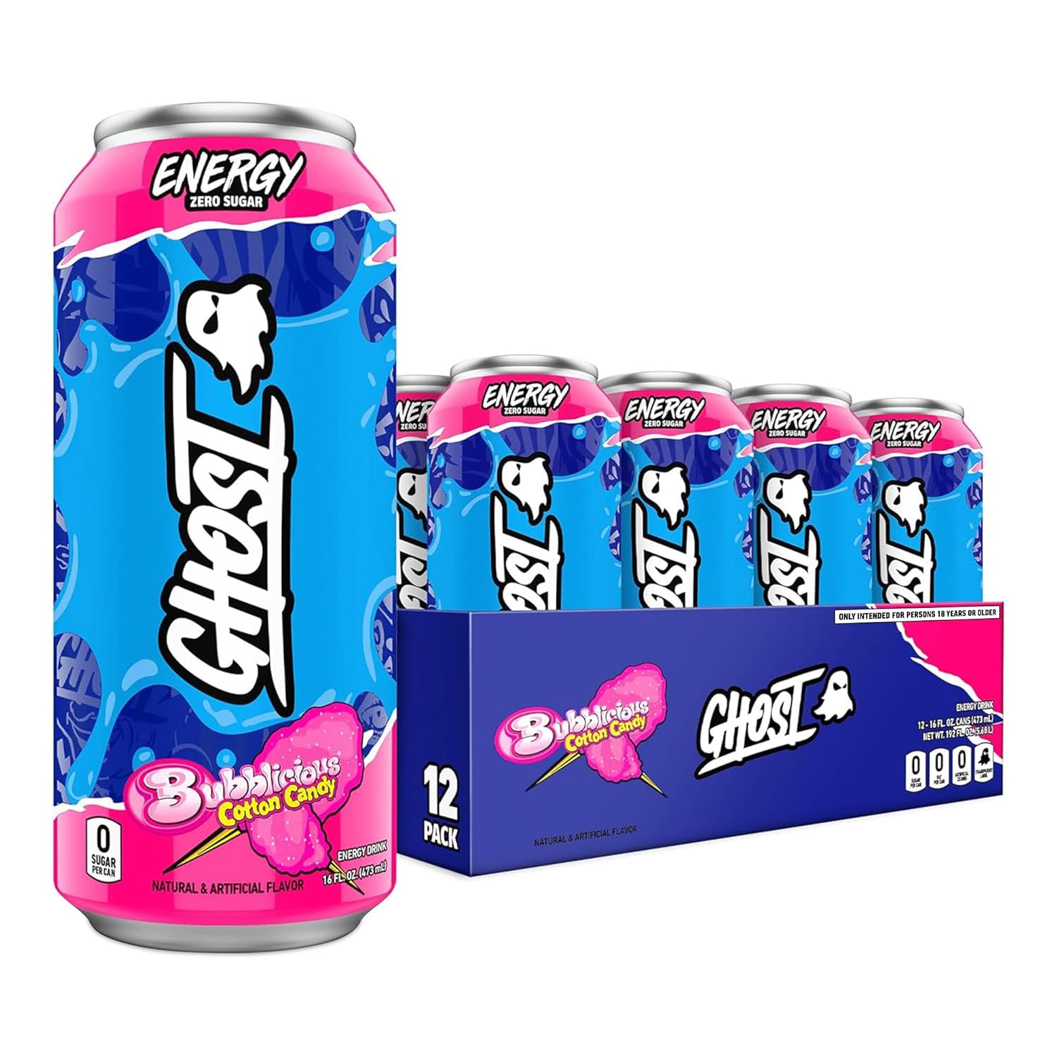 GHOST Energy Drink 12Pack, Bubblicious Cotton Candy, 16oz Cans Energy & Focus