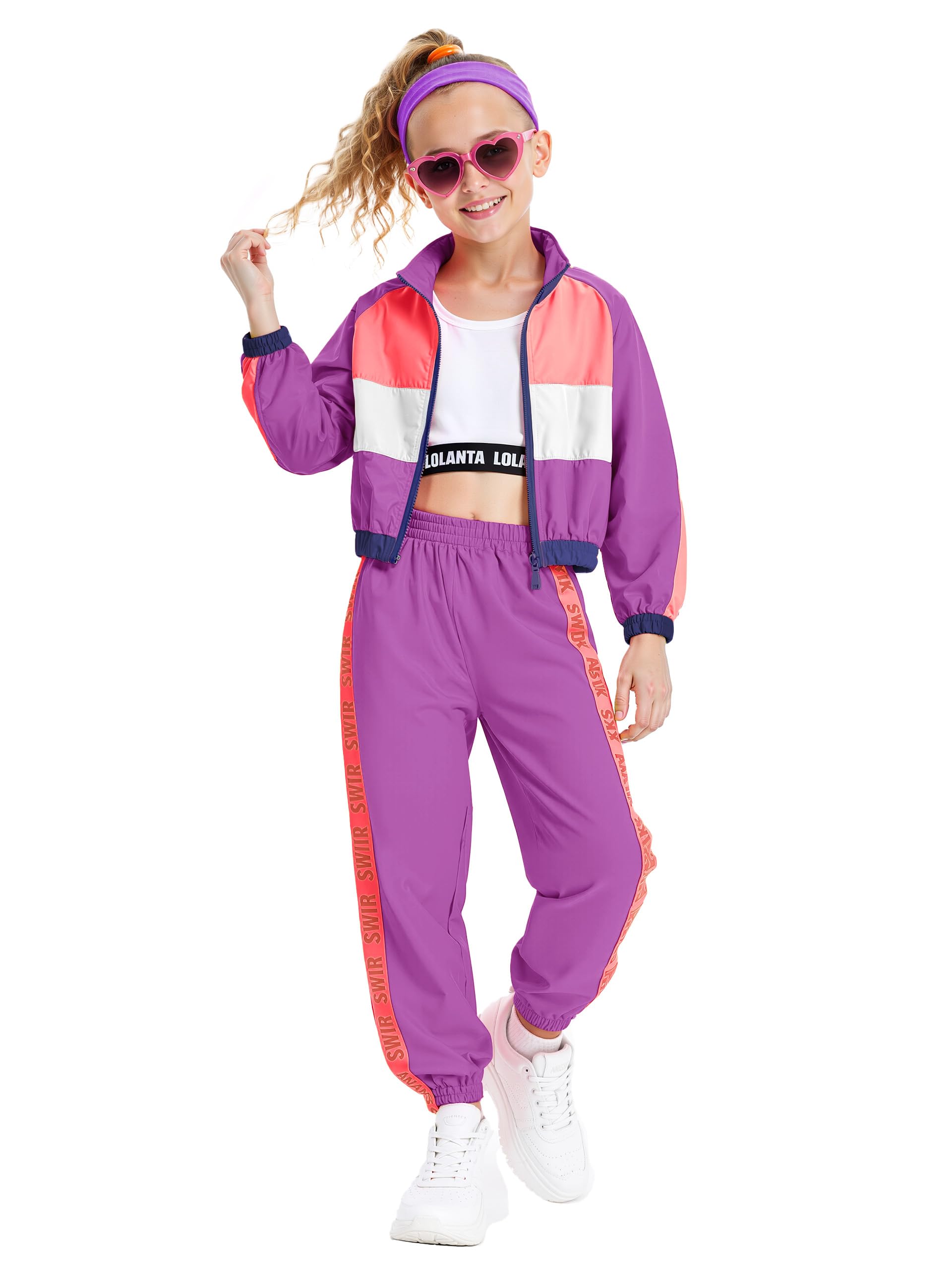 LOLANTA Conjunto de 3 piezas de ropa de hip hop para niñas, chándal retro de los años 80, camiseta sin mangas corta, chaqueta con cremallera y pantalones deportivos de 4 a 13 años