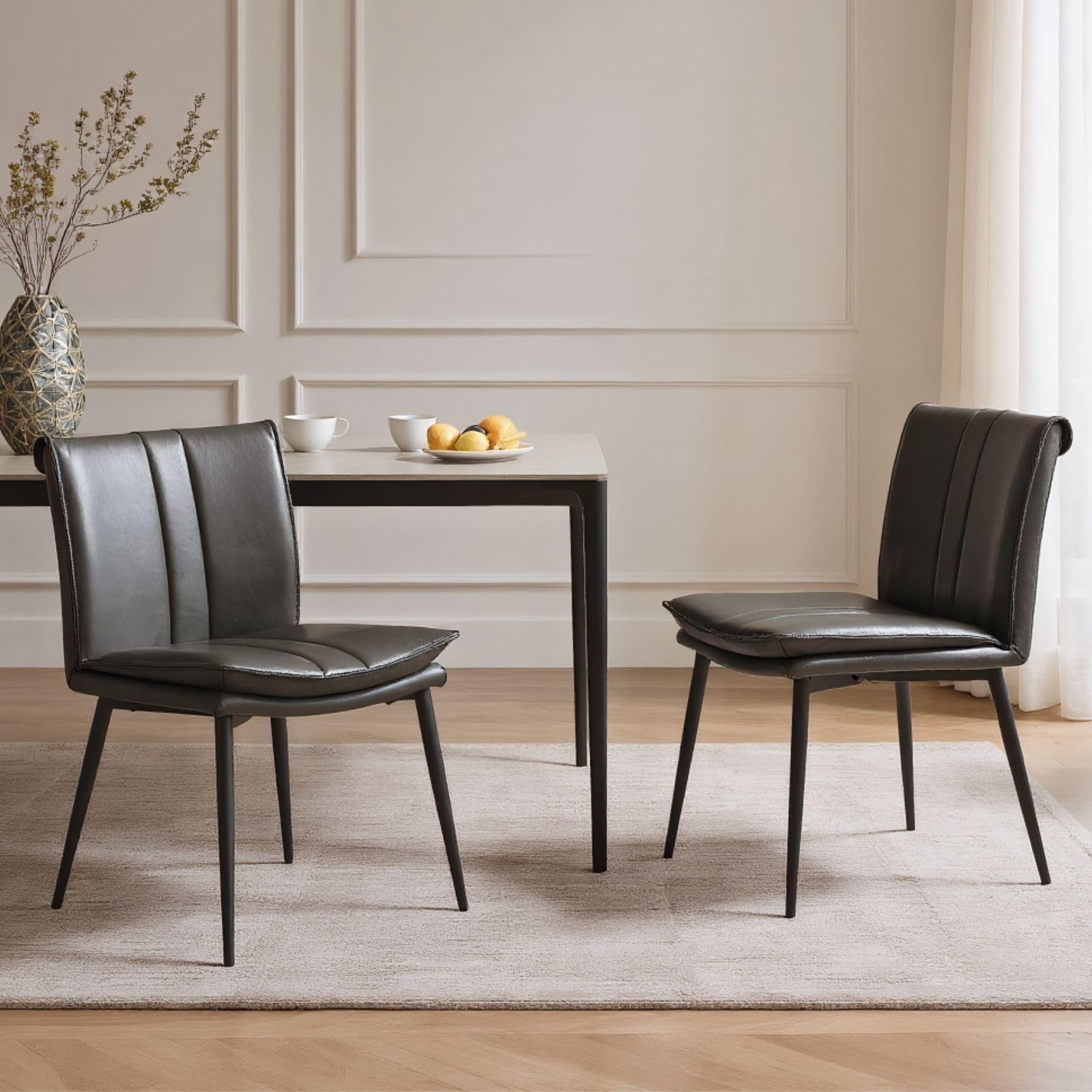 chairus Retro Dining Chairs 2PCS, Double-layer Cushion Side Chair, PU Gray