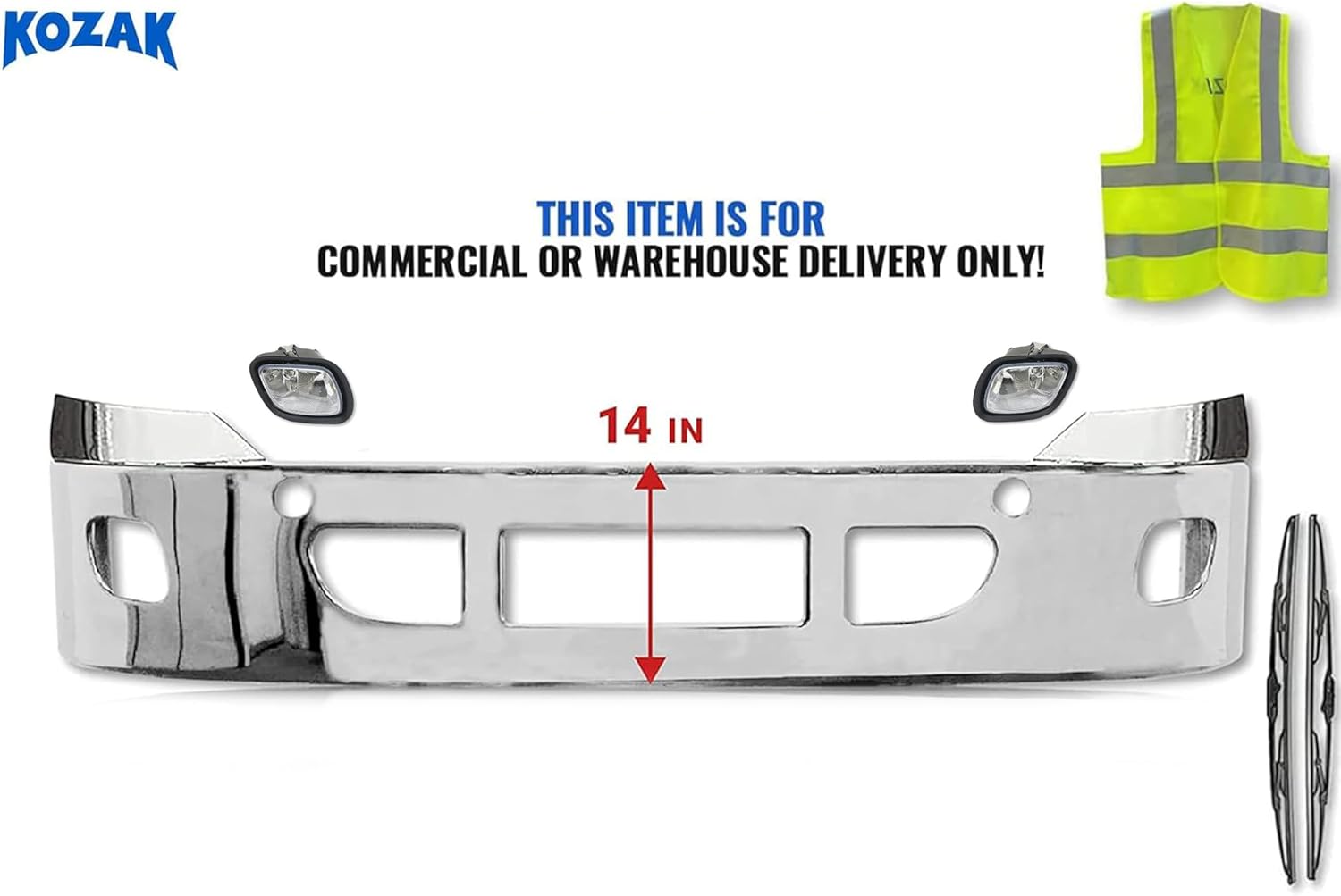 Kozak 14" Bumper Stainless Steel with Fog Light Holes Compatible with Freightliner Cascadia 2008-2018 - Includes Fog Lights Pair, Logo, 22" Wipers, and Reflective Vest