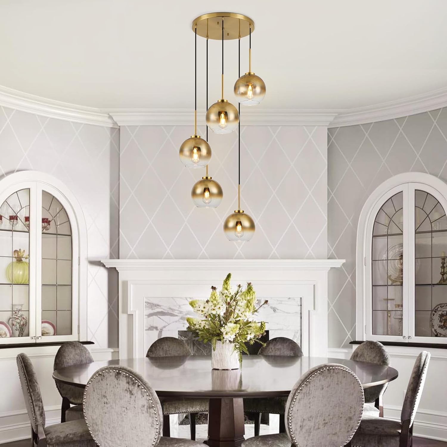 Mid Century Modern Chandelier, 5-Light Gradient Gold Glass Pendant Lights Kitchen Island, Pendant Lights with Adjustable Cord, Pendent Lighting for Kitchen Island, Staircase, Dining Room