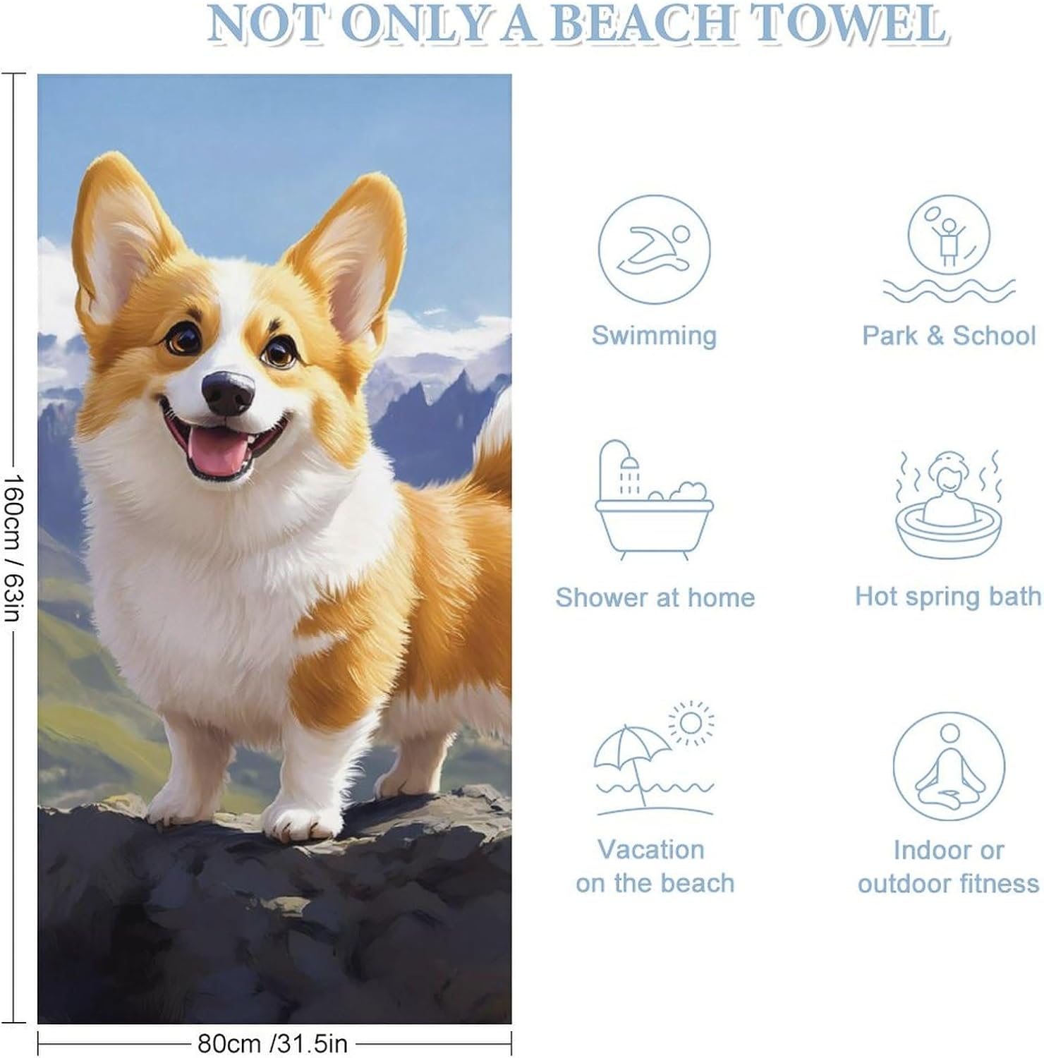 Corgi Dog and Mountain Beach Towels Oversized Jumbo Large Yoga Bath Towel for Pool Yoga Swim Body 160x80cm
