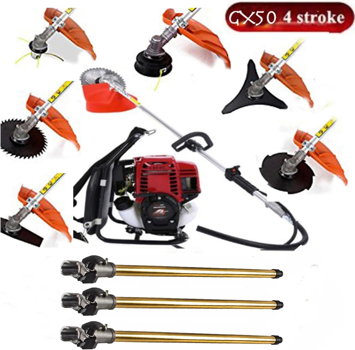 GX50 Backpack 4 Strokes Brush Cutter Weed Eater Lawn Mower Hedge Trimmer Pole Saw Yard with 3 Extension Rod