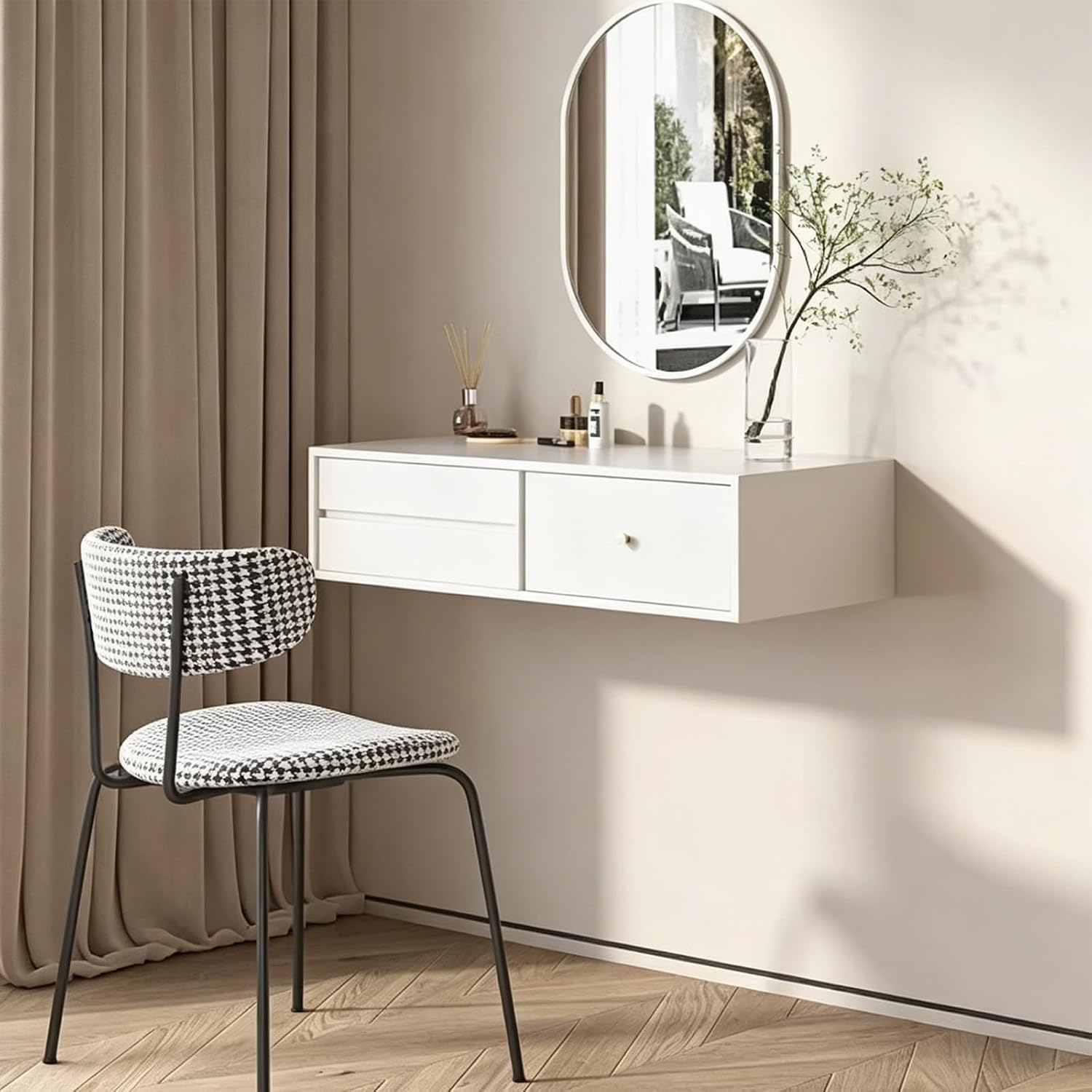 Modern White Wall-Mounted Vanity Table with 3 Storage Drawers - Stylish Floating Beauty Desk for Bedrooms and Small Spaces - Space-Saving Makeup Station
