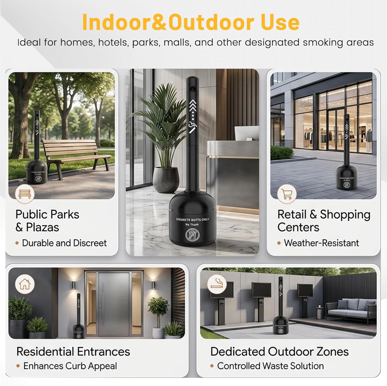 Cigarette Butt Disposal Outdoor & Cigarette Trash Can, 6 Gallon Commercial Smoking Receptacle, Heavy Duty Steel Stand Up Smokers Pole, Tall Cigar Ashtrays for Outdoors and Patio, Black, 40"