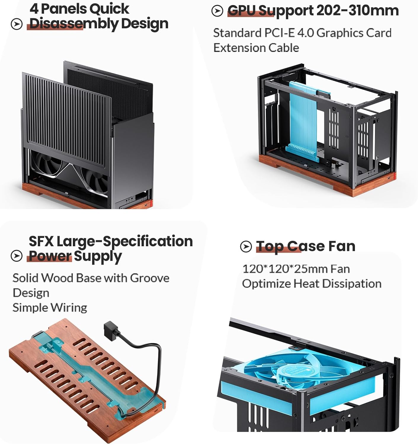 JONSBO T9 Silver Mini ITX PC Case,SFF Tool-Free Mesh Desktop Case,A4 Compartment Structure,Walnut Solid Wood Base,3 Levels Adjustable for MB,4mm AL,SP SFX100mm/GPU202mm-310mm, with PCI-E 5.0 Cable