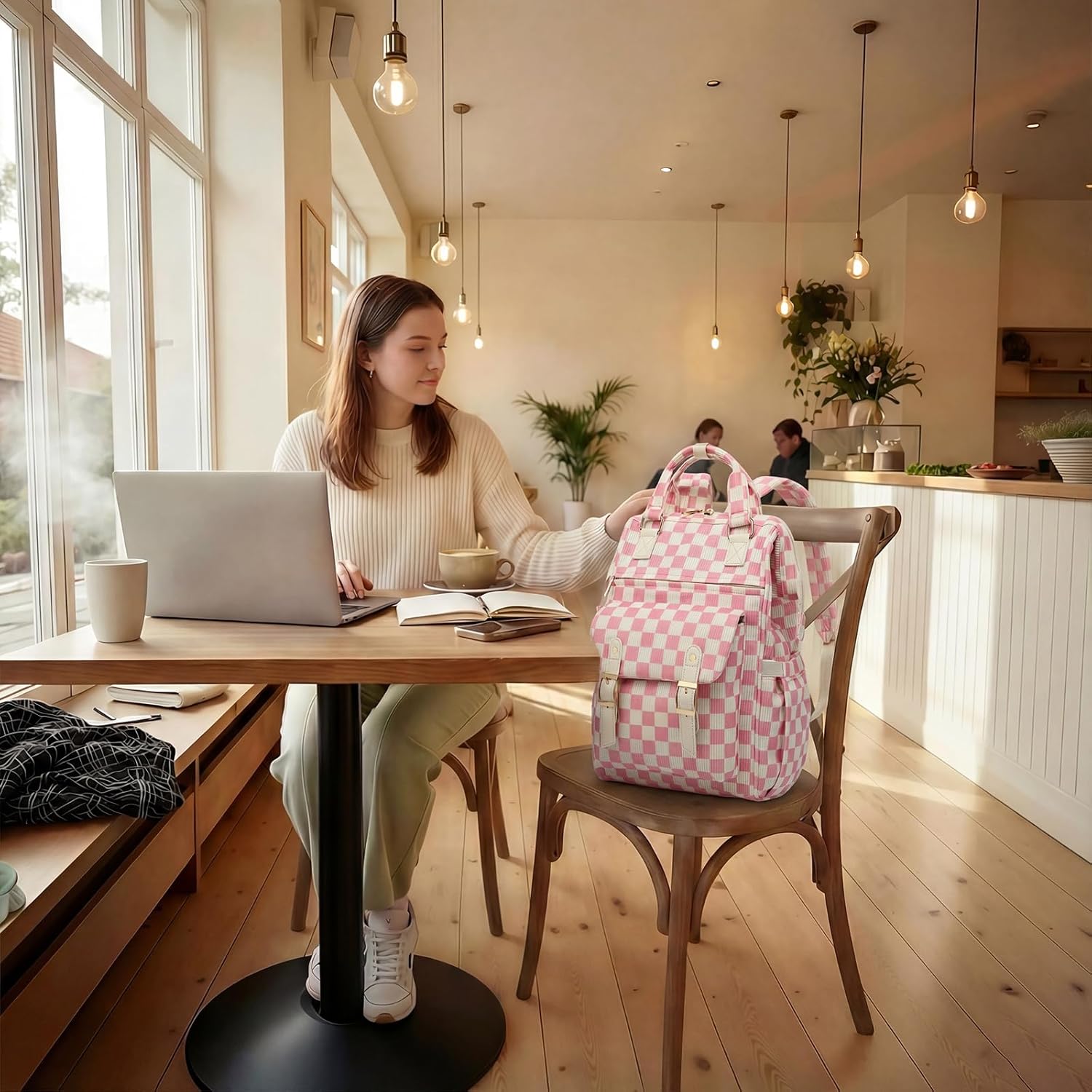 Corduroy Laptop Backpack for Women 15.6 Inch Stylish College School Bookbag, Business Work & Travel Computer Backpacks (Checkered Pink) - Image 8