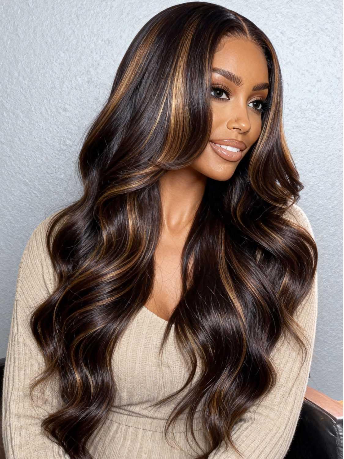 YIROO V Part Wig Human Hair Highlight Chestnut Brown Ombre Body Wave Human Hair Wig No Leave Out 12A Glueless Upgrade U Part Wigs Clip in Half Wig No