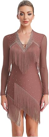 Women Glitter Fringed Latin Dance Dress Ballroom Dancewear Salsa Tango Cha-Cha Jazz Dance Costumes