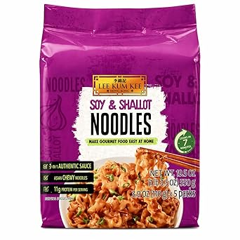 Lee Kum Kee Soy & Shallot Noodles 3.9 oz each, 5 Count - 1 Pack Vegan | Savory & Aromatic | Chewy Noodles | Perfect for Quick Meals