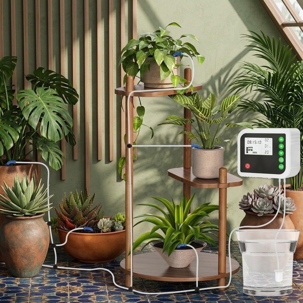 Automatisches Bewässerungssystem Zimmerpflanzen, Tropfbewässerung Set Indoor für bis zu 15 Töpfe, Pflanzenbewässerung Urlaub mit Timer, Auto Wassergabe Kit für Büro und Gewächshaus