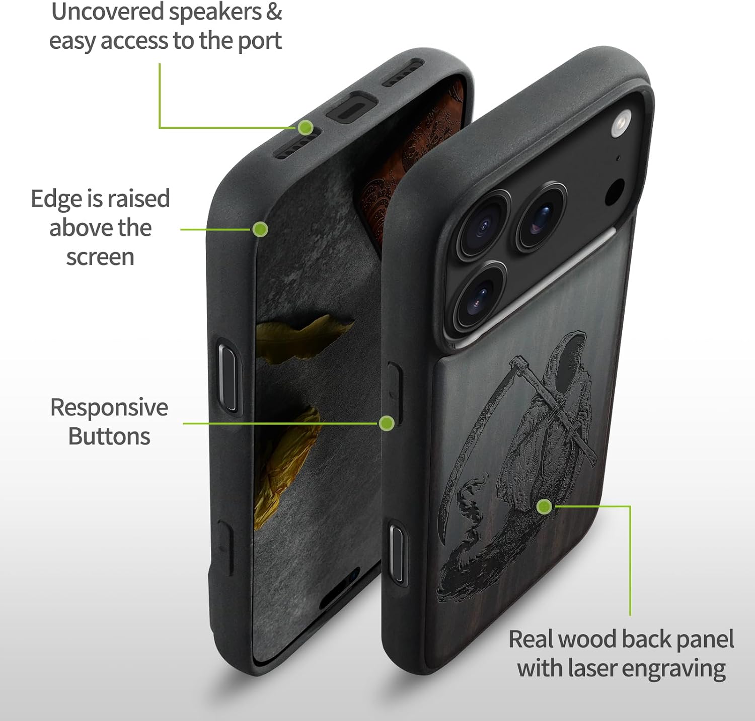 Carveit Magnetic Wooden Case for iPhone 17 Pro Max Case, Wood Artisan Engraved & Black Soft TPU Shockproof Cover, Compatible with MagSafe Wireless Chargers (The Grim Reaper) Blackwood