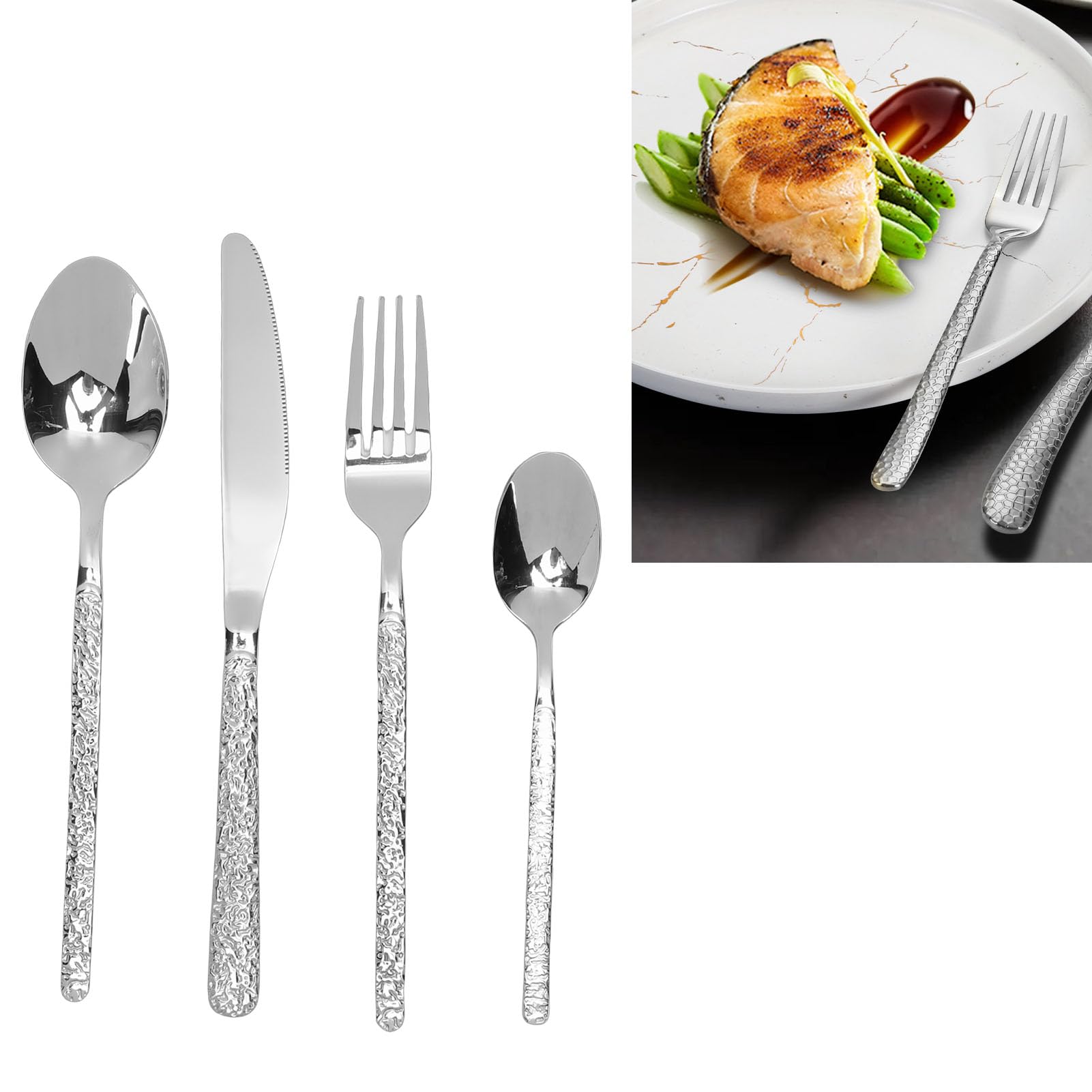Fdit Juego de Cubiertos para 6 Personas, Juego de Cubiertos de Acero Inoxidable de 24 Piezas con Acabado Plateado, de con Patrón Martillado para Mesa de Comedor, (SILVER)
