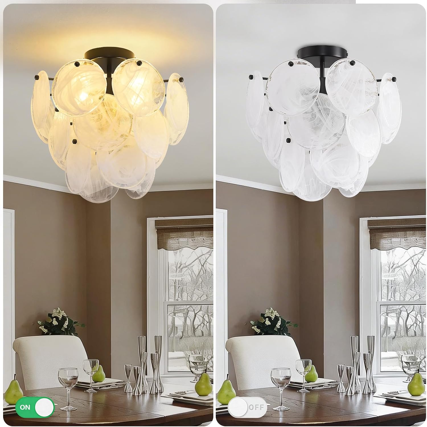 Moderns Glass Ceiling Light Fixture, 13.78" Semi Flush Mount Round Black Ceiling Light with Cloud Glass Shade, 4-Light Hallway Lighting for Bedroom, Dining Room, Bathroom and Foyer G9 Base